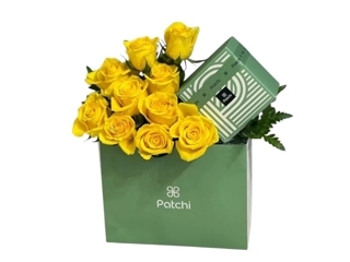 Yellow rose arrangement with Patchi chocolates