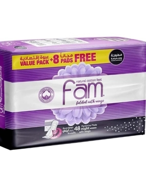 Fam Natural Cotton Feel Folded With Wings Night Sanitary Pads 48 Pieces