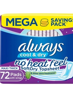 Always Sanitary Pads Clean & Dry Maxi Thick Large With Wings 72 Pieces