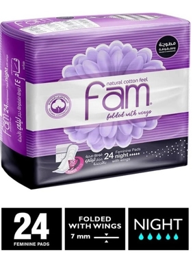 Fam Natural Cotton Feel Maxi Thick Folded With Wings Night Sanitary Pads 24pieces