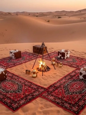 package of 4 Or 3 Al-Qaws mats From Segadty that offers a ready outdoor setup with a beautiful traditional pattern, perfect for camping and desert trips. Durable, easy to use, and available in red color, size 80×150 cm