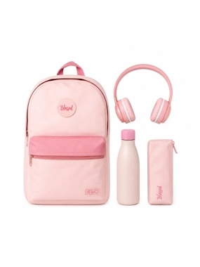 4-in-1 Kids' School Bag – Pink, 17-inch, with Pencil Case, Water Bottle, and Headphones.
