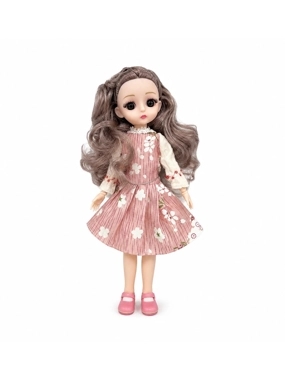 Girls Doll with Pink Floral Dress & Curly Hair