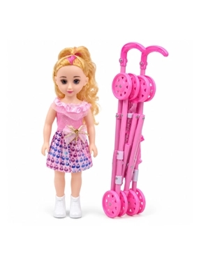 Doll in Pink Dress with Foldable Stroller