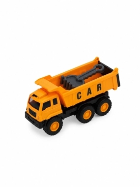 Toy dump truck for children with a sand-digging tool, yellow