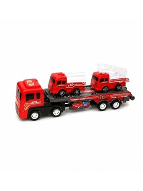 Large transport truck game loaded with two small fire trucks.