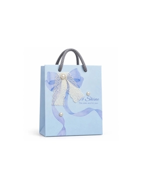 Blue Gift Bag with Lace and Pearl Decorations
