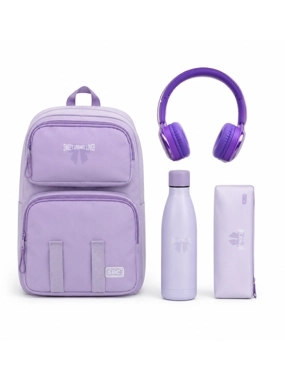 4-in-1 Kids' School Bag – Purple, 17-inch, with Pencil Case, Water Bottle, and Headphones.