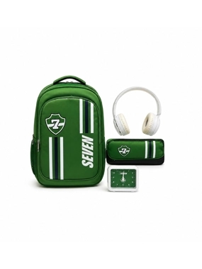 4-in-1 Kids' School Bag – Sports Green, with Pencil Case, Headphones, and Watch