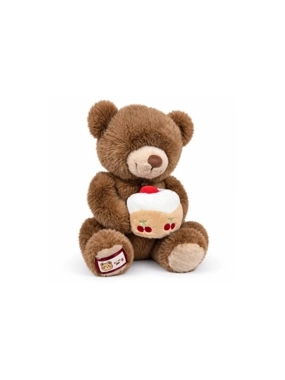 Brown Plush Teddy Bear Holding a Cherry Cake
