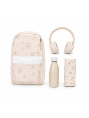 4-in-1 Kids' School Bag – Premium Beige, 17-inch, includes pencil case, water bottle, and headphones.