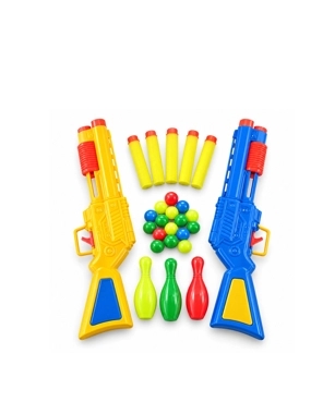 Yellow and Blue Toy Rifle Set with Darts Balls and Bowling Pins