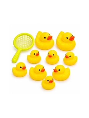 Set of baby bath ducks with a fishing net
