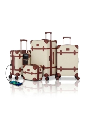 Luxury classic leather-covered travel bag set – 4 pieces – with USB and Type-C input – plus 3 transparent protective covers