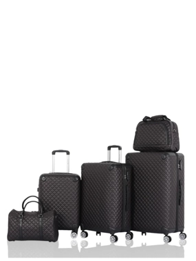 Luxury and secure 5-piece luggage set (3 trolleys + 2 handbags) with leather covering and shatterproof design