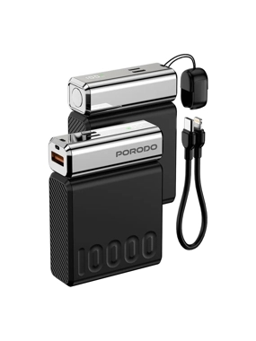 PORODO 10,000 mAh 35W Portable Power Bank - Chrome Volt Edition - Silver Black