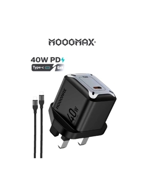Complete charger kit including a dual-output Type-C fabric cable and a 40W plug, MOOG MAX MX106 model - Black