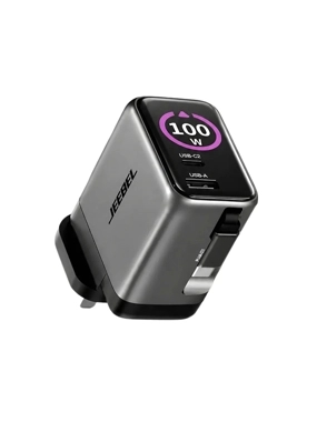 100W Smart Wall Plug with Retractable Type-C Cable and Display - JEEBEL Model JE-B433 - Gray