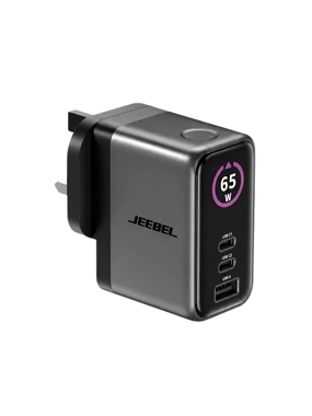 JEEBEL JE-B302 3-Port Wall Charger with Smart Display, 65W - Gray