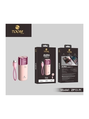 10,000 mAh portable battery with built-in cable, ZOOM PLUS AURA edition - Pink
