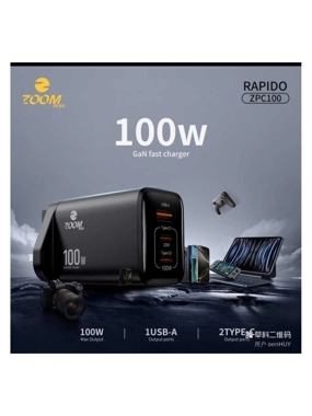 ZOOM PLUS RAPIDO 100W 3-Port Wall Charger - Black
