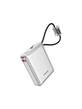 10,000 mAh portable battery with a slim design and built-in cables - PORODO PETITE Edition - Silver