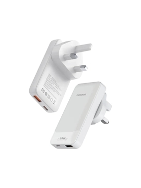 PORODO 2-Port Multi-Socket Charging Adapter with 65W Power Supply and Built-in Cable - White