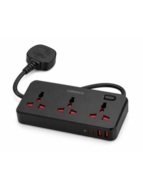 ANRMESUN Smart Power Strip with 3 Plugs and 4 Charging Ports, 2400W - Black