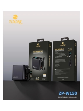 15,000 mAh portable battery with built-in 45W Type-C cable and interactive display. EXTREME AI version of ZOOM PLUS.