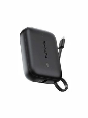 RAVPower Super Mini 10,000mAh Portable Battery with Built-in Type-C Cable - Black