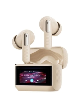 Promate Arix Wireless Noise-Canceling Earbuds with Display – Beige