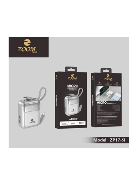 ZOOM PLUS 10,000mAh Portable Battery with Built-in Lightning and Type-C Cables, Micro Version - Silver