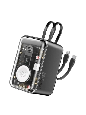 PROMATE Mavrix-20 portable battery with a 20,000 mAh capacity for charging mobile phones and watches, with integrated cables and a 65W charging speed.