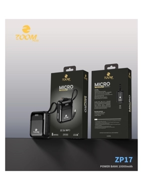 ZOOM PLUS 10,000mAh Super Mini Portable Battery with Built-in Cables, Micro Edition - Black