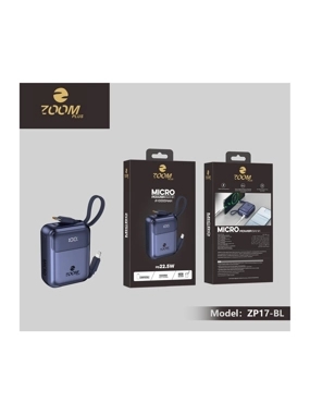 ZOOM PLUS 10,000mAh Portable Battery with Built-in Lightning and Type-C Cables, Micro Version - Navy Blue