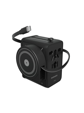 PORODO VOYAGE 70W Universal Travel Plug with Built-in Cable and Retractable Magnet - Black
