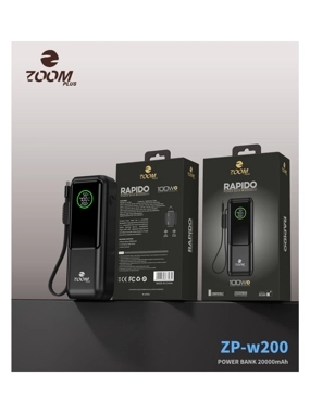 20,000 mAh portable battery, 100W, with built-in Type-C cable, PAPIDO edition by ZOOM PLUS - Black